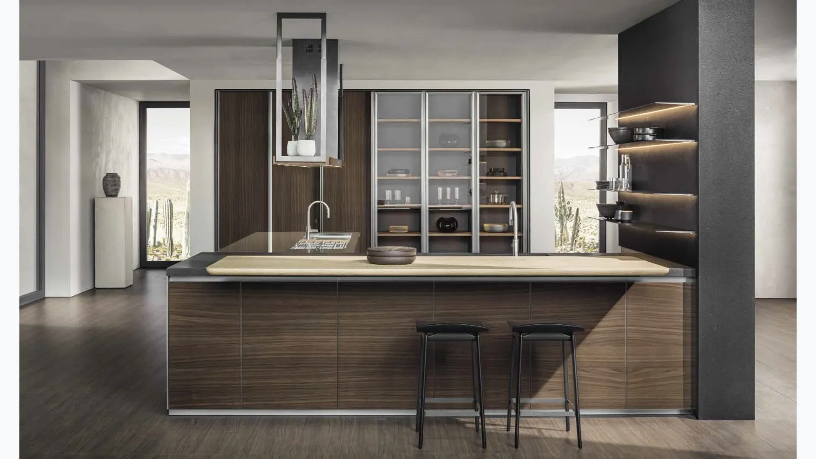 Cucina Design con penisola HiLine 6 Frame Door con base in Noce, top in acciaio Inox e Nero Lava, banco snack in Rovere biondo nodato di Molteni & C